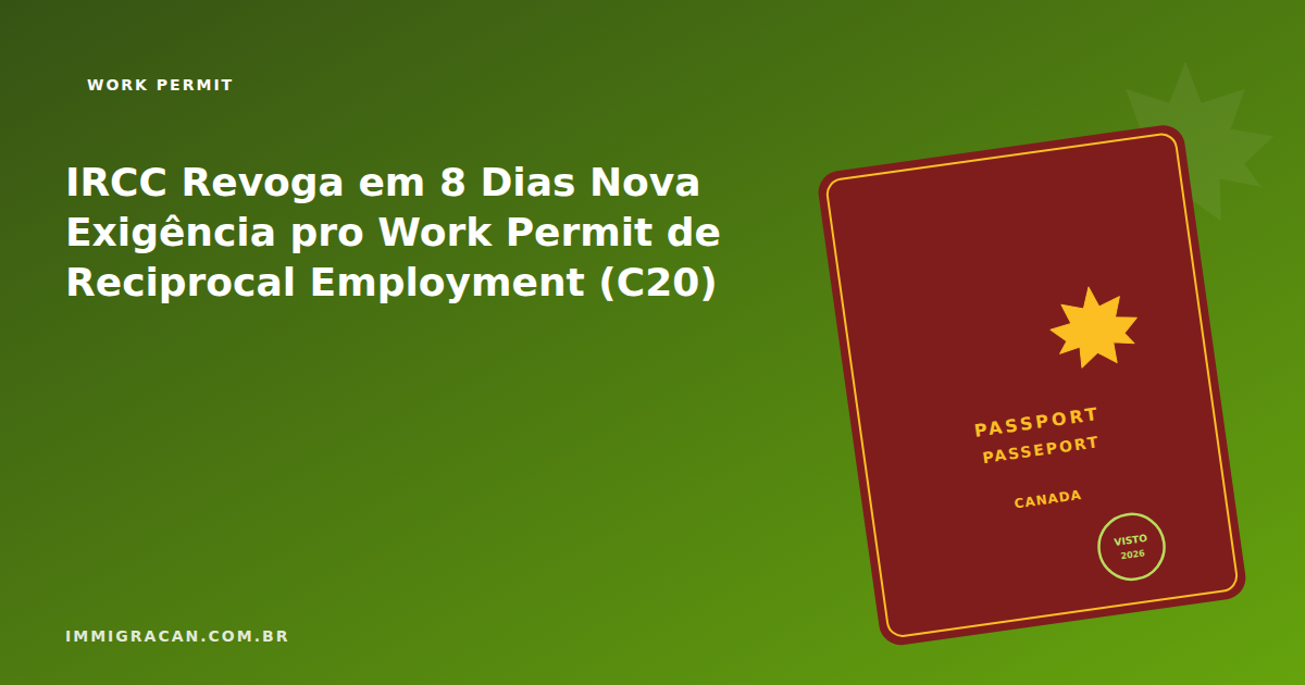 Ilustração do artigo IRCC Revoga em 8 Dias Nova Exigência pro Work Permit de Reciprocal Employment (C20) — ImmigraCan, imigração canadense para brasileiros