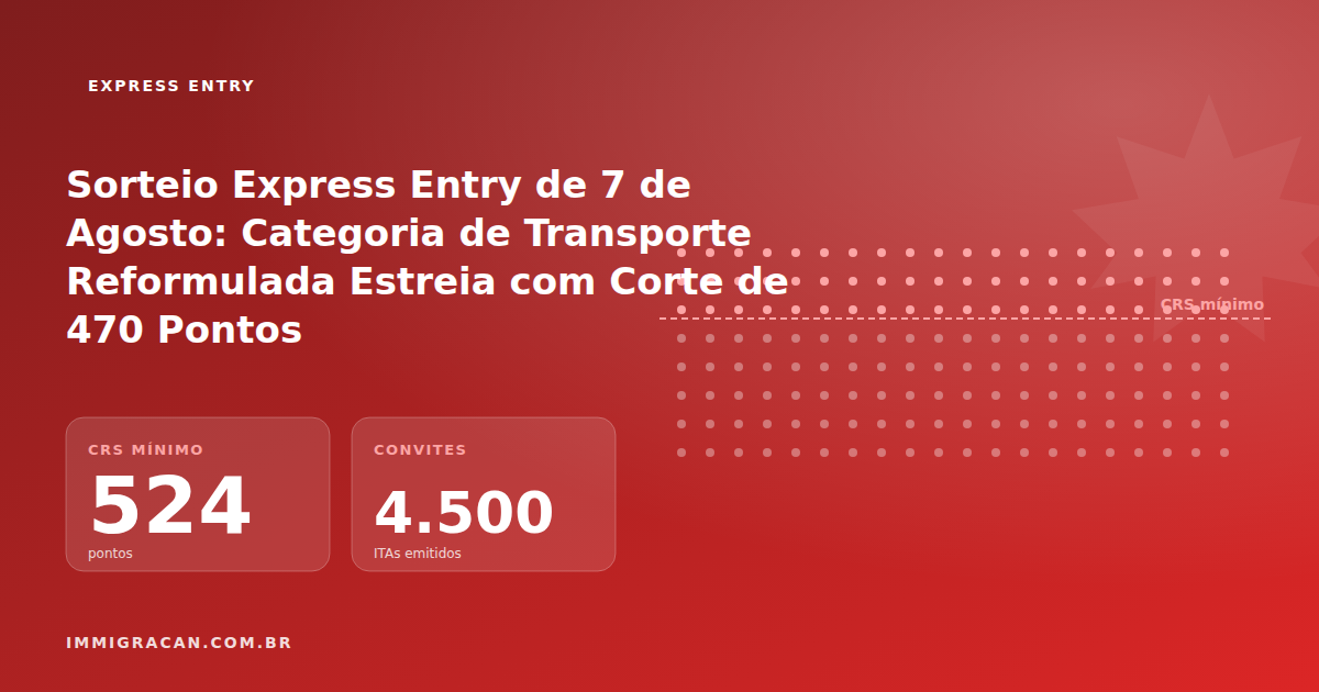 Sorteio Express Entry de 7 de Agosto: Categoria de Transporte Reformulada Estreia com Corte de 470 Pontos Ilustração do artigo Sorteio Express Entry de 7 de Agosto: Categoria de Transporte Reformulada Estreia com Corte de 470 Pontos — ImmigraCan, imigração canadense para brasileiros